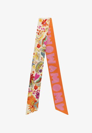 Bunter schmaler Schal mit oranger Seite mit pinkfarbenem "MOM"-Text und cremefarbiger Seite mit lebendigen floralen Mustern und Herzen.