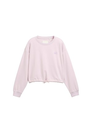 Jasnoróżowy skrócony sweatshirt wykonany z miękkiego materiału, z okrągłym dekoltem, długimi rękawami i związanym sznurkiem u dołu. Na piersi haft "Cześć!".