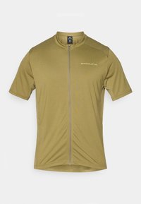 Radtrikot mit kurzen Ärmeln in Olivgrün, mit durchgehendem Reißverschluss. Hat einen Stehkragen und ein dezentes Logo auf der oberen linken Seite.