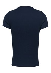 Marineblauw geribd T-shirt met korte mouwen, gezien van achteren met een ronde hals en nette naaddetails.