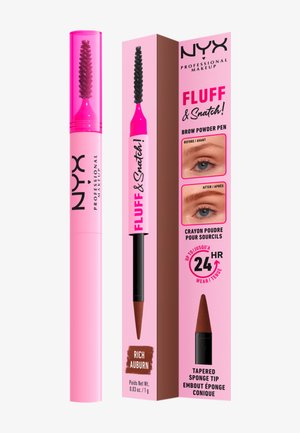Stylo poudre à sourcils NYX en auburn riche avec embout éponge effilé et brosse spoolie, montrant les résultats avant et après la couleur des sourcils.