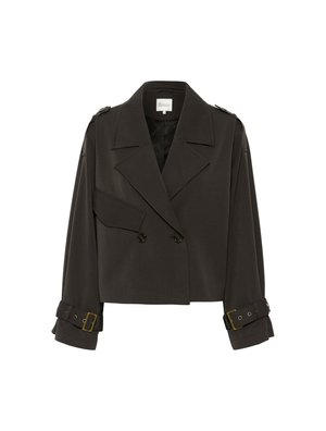 Veste courte double boutonnage gris foncé avec larges revers, épaulettes, deux boutons à l'avant, manches longues et sangles à boucle aux poignets.