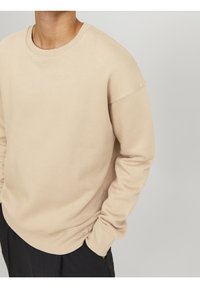 Felpa beige con scollo tondo, spalle scivolate e maniche lunghe; realizzata in morbido tessuto misto cotone con una texture liscia.