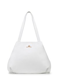 Borsa tote in pelle bianca con texture liscia, caratterizzata da un logo dorato sul davanti e due lunghe cinghie piatte. Design minimalista.