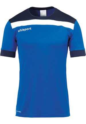 Blauwe sportshirt gemaakt van lichtgewicht materiaal, met korte mouwen, een marineblauwe kraag en een witte streep over de borst. Merklogo zichtbaar.