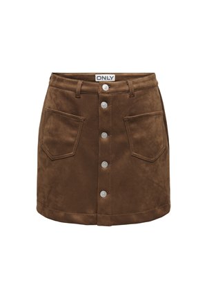 Mini-jupe en daim marron avec boutons argentés sur le devant, deux grandes poches avant et passants de ceinture, étiquetée avec "ONLY" sur la taille.