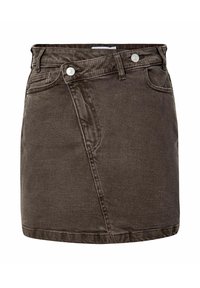 Dunkelbrauer Denim-Minirock mit Wickelfront, metallischen Druckknöpfen und Fünf-Taschen-Design.