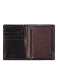 Portefeuille en cuir noir avec plusieurs emplacements pour cartes, une poche transparente pour carte d'identité, et un revêtement intérieur en simili cuir brun texturé avec un motif de logo répétitif.