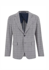 Grijze geruite blazer met een geknipte revers, enkele knoopsluiting en twee voorzakken. De binnenkant heeft een contrasterende marineblauwe voering.