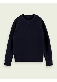 Le sweat-shirt bleu marine présente un tissu texturé, un col rond et des poignets et ourlets côtelés. Conçu avec une coupe décontractée et des manches raglan.