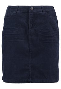 Jupe en velours côtelé marine avec une coupe ajustée, fermeture à boutons, poches avant, texture légèrement côtelée et longueur au genou.