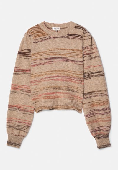 Beige kort genser laget av strikket stoff, med horisontale striper i nyanser av brunt, rosa og lilla. Ribbede mansjetter og hals.