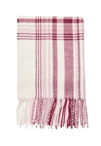 Écharpe en tartan dans des nuances de rose et de blanc, présentant une texture douce et des bords frangés. Les motifs se composent de rayures de largeurs variées.