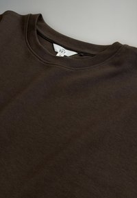 Brūns kokvilnas džemperis ar apaļu kakla izgriezumu, ar gludu auduma tekstūru un etiķeti, kas norāda izmēru un zīmolu.