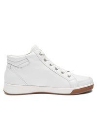 White high-top sneaker with lace-up front, padded collar, textured leather upper, and white sole with brown rubber grip.