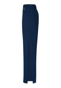Gonna lunga blu navy con vita alta, spacco laterale e un bottone dorato come accentuazione. Realizzata in un tessuto liscio ed elasticizzato.