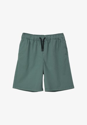 Grüne Shorts mit einem elastischen Bund und schwarzem Kordelzug. Hergestellt aus einem leichten Material; mit seitlichen Taschen und geradem Schnitt.