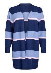 Cardigan en tricot avec des rayures bleues, bleu clair et roses. Design à ouverture frontale avec des manches longues et des poignets côtelés. Texture douce.