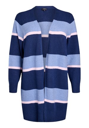 Knitted cardigan featuring blue, light blue, and pink stripes. Open-front design with long sleeves and ribbed cuffs. Soft texture.