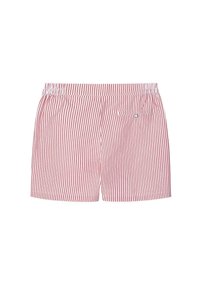 Rot-weiße gestreifte Shorts mit elastischem Taillenbund und einer einzelnen Gesäßtasche mit Knopfverschluss. Baumwollstoff mit glatter Textur.