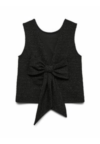 Melns bezroku tops ar V veida aizmuguri, centrā piesieta liela lente. Audums ar tekstūru un vieglu mirdzumu.