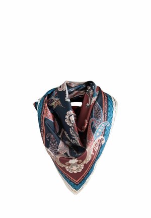 Seidenschal mit filigranen Paisley- und Blumenmustern in Marine, Burgund, Blau und Weiß, locker zu einer dreieckigen Form gefaltet.