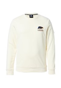 Sweatshirt crema in misto cotone, presenta polsini e orlo a coste, colletto rotondo e una grafica di orso blu-nera con il testo "FORSBERG" sul petto.