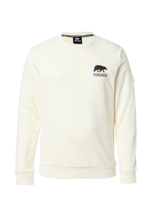 Sudadera crema en mezcla de algodón, con puños y dobladillo acanalados, cuello redondo, y un diseño gráfico de oso en azul y negro con el texto "FORSBERG" en el pecho.