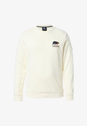 Crème sweatshirt in katoenmix, met ribgebreide manchetten en zoom, ronde hals en een blauw-zwarte grafische beerontwerp met de tekst "FORSBERG" op de borst.