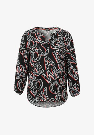 Black blouse featuring bold, multicolored text with leopard print accents. V-neck design with three-quarter sleeves and a relaxed fit.