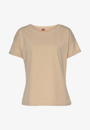 Beige kortærmet t-shirt lavet af blødt bomuld med en afslappet pasform, der har en rund halsudskæring og minimal branding ved kanten.