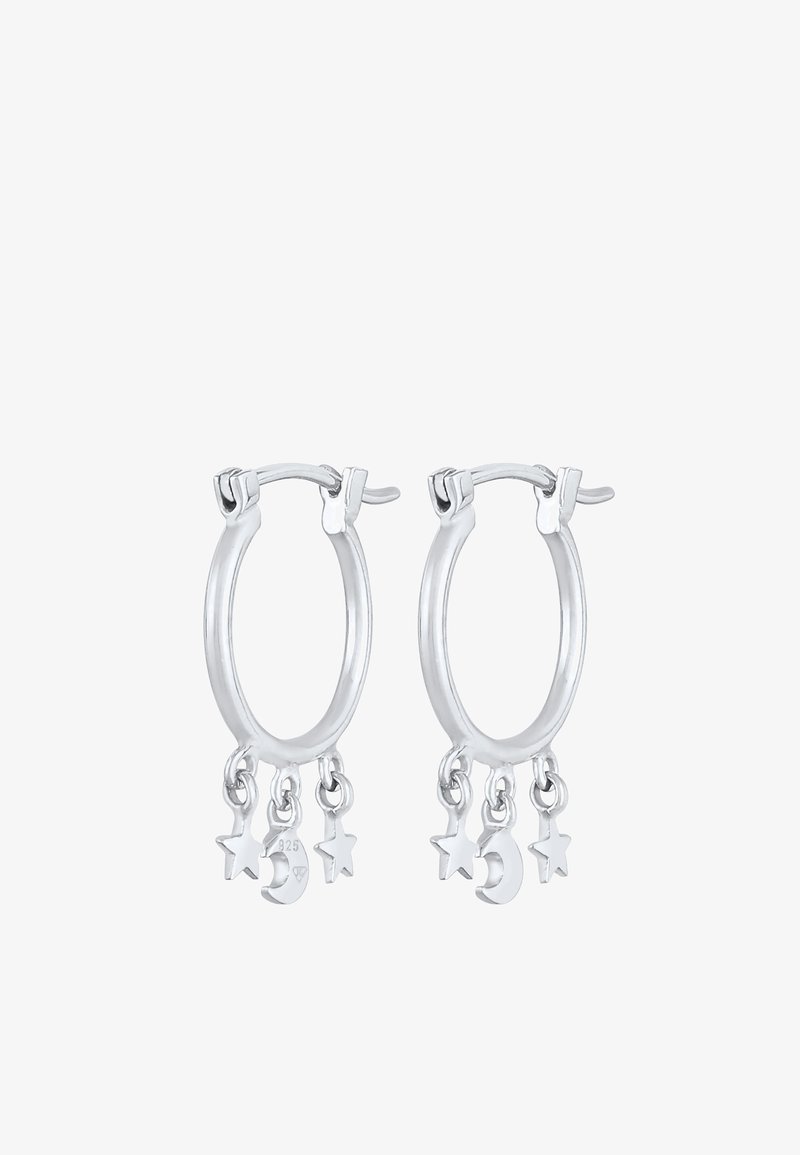 Boucles d'oreilles en argent, à créoles, avec deux pendentifs en forme d'étoile et de croissant de lune. Comprend un fermoir sécurisé. Marquées « 925 » pour l'argent sterling.