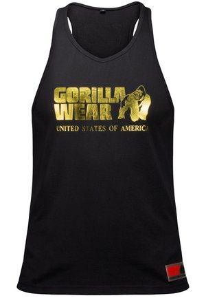 Black tank top made of cotton, featuring gold-printed text "GORILLA WEAR" and "UNITED STATES OF AMERICA" with an outline of a gorilla.