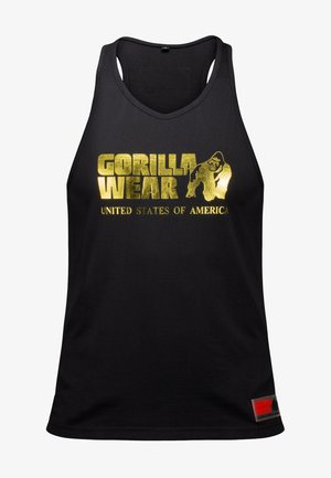Schwarzes Tanktop aus Baumwolle mit goldbedrucktem Text "GORILLA WEAR" und "UNITED STATES OF AMERICA" sowie einer Umrisszeichnung eines Gorillas.