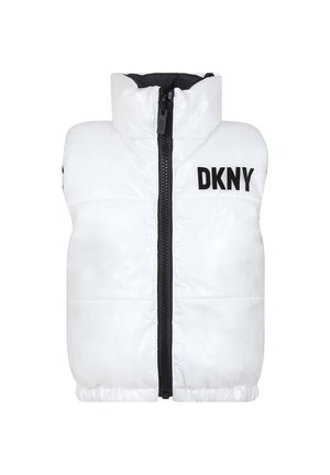 Giacca imbottita bianca senza maniche con cerniera nera e logo DKNY nero sul petto sinistro, progettata per il freddo.