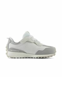 Lightweight sneakers in white and light gray, featuring a mesh and suede upper, a textured sole, and a lace closure for secure fit.