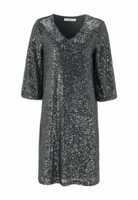 Paljetklänning i mörkgrått med V-ringning, trekvartslånga ärmar och rak passform. Har en strukturerad, glittrande yta.