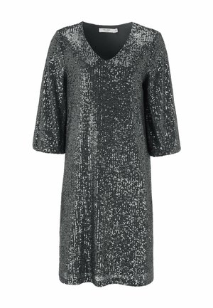 Pailletten-Kleid in Dunkelgrau mit V-Ausschnitt, Drei-Viertel-Ärmeln und gerader Form. Verfügt über eine strukturierte, schimmernde Oberfläche.