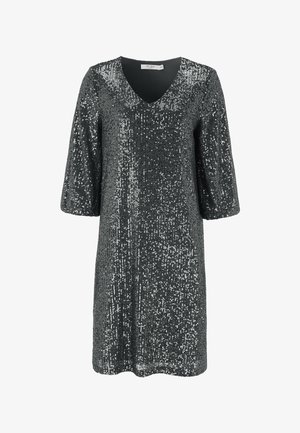 Pailletten-Kleid in Dunkelgrau mit V-Ausschnitt, Drei-Viertel-Ärmeln und gerader Form. Verfügt über eine strukturierte, schimmernde Oberfläche.