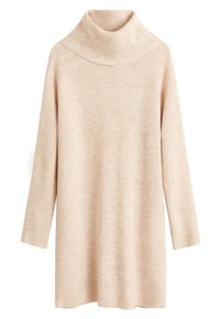 Maglione leggero beige con colletto a travetta, lavorato a maglia con una texture a coste, maniche lunghe e una vestibilità rilassata, che arriva a metà coscia.