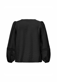 Blusa nera in tessuto testurizzato, con maniche a sbuffo e scollatura rotonda, impreziosita da un dettaglio intrecciato ai polsini.