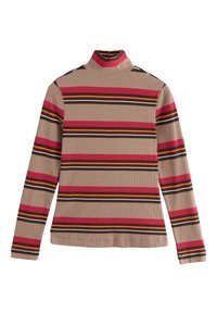 Svītrains augstu uzrullēts džemperis maigi bēšā krāsā ar vertikālām svītrām sarkanā, oranžā, melnā un brūnā krāsā. Izgatavots no ribotas teksturētas materiāla.