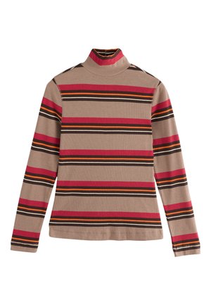 Randig polotröja i dov beige, med vertikala ränder i rött, orange, svart och brunt. Tillverkad av ribbad texturerad material.