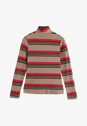 Dryžuotas be ryškių spalvų smėlinis golfas, su vertikaliomis juostomis raudonos, oranžinės, juodos ir rudos spalvų. Pagamintas iš šonkauliuotą faktūrą turinčios medžiagos.