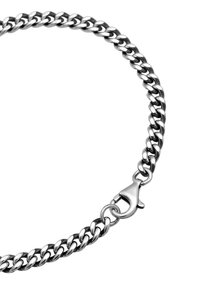 Sidabro metalinė grandinėlė su tarpusavyje susijungusiais žiedais, su krabų užsegimu. Lygi tekstūra su poliruotu paviršiumi.