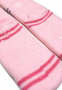 Light pink socks with pink stripes; textured dots on the sole for grip; soft, stretchy fabric; reinforced toe and heel areas.