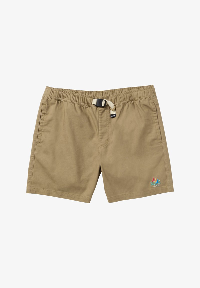 Pantaloni da bagno khaki realizzati in tessuto leggero, con vita elastica e una fibbia nera, e un logo multicolore sul lato sinistro.