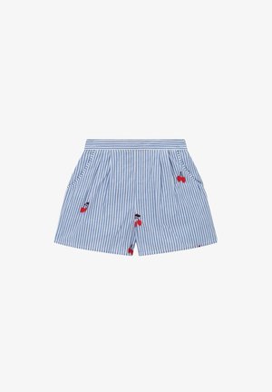 Short à rayures verticales bleues et blanches avec poches latérales, décoré de petits motifs de cerises rouges.