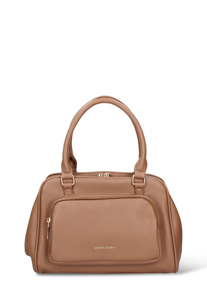 Sac à main en cuir marron texturé avec fermeture éclair, poignées doubles, poche avant et garniture en métal doré. Présente le nom de la marque en texte embossé.