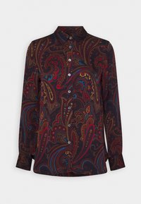 Långärmad skjorta med ett mörkt paisleymönster i röda, blå och gyllene nyanser; har en kragkrage och framknäppning.
